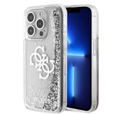 حافظة Guess Liquid Glitter مع شعار 4G مطلي بالكهرباء - فضة - iPhone 15 Pro