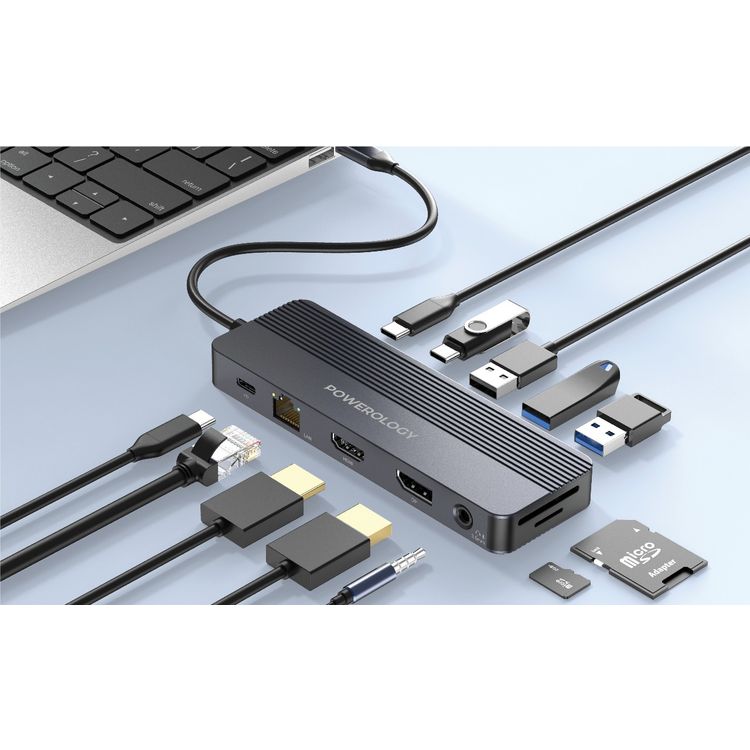 باورولوجي محور USB-C متعدد المنافذ 12 في 1 مع وضع عرض متعدد، توافق عالمي، شحن مرور، توصيل وتشغيل، مخرج فيديو مزدوج، تصميم مدمج من الألومنيوم.