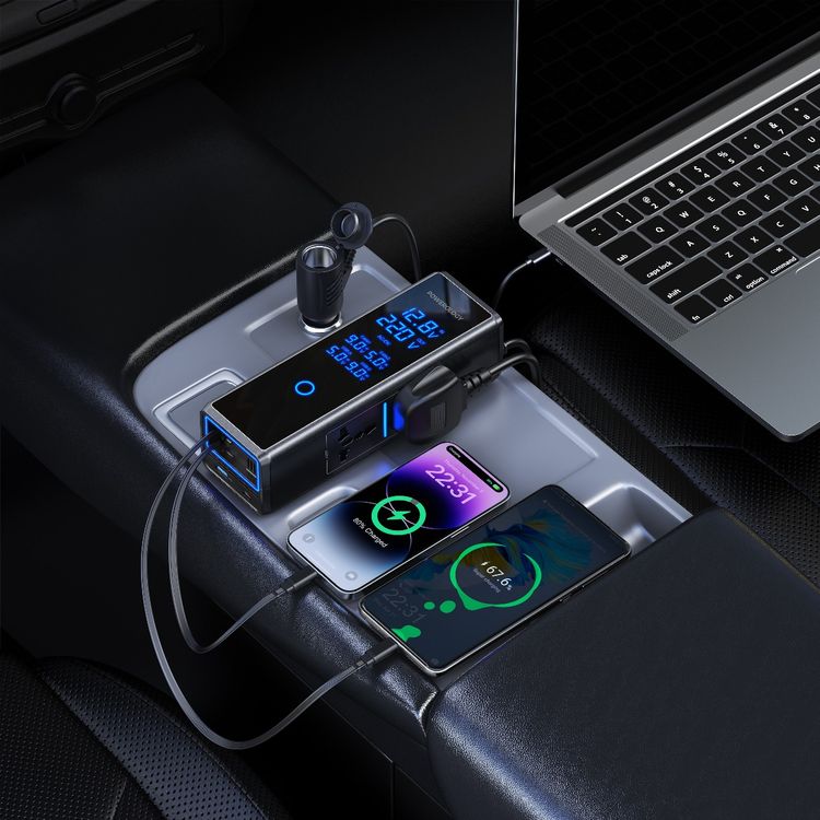 Powerology 300W Car Power Inverter with Dual AC Sockets, Silent Cooling Fan, LED Ambient Lighting, 36W Power Delivery, USB-C & USB-A Ports, Touch Control Switch, Real-Time Voltage Display, Built-in USB-C & Lightning Cables - Black