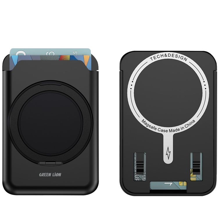 Green Lion W4-MagSafe Wallet with Card Holder, PC Plastic & Metal Material, Adjustable 40-180° Kickstand Angle, Quick Attach & Detach, RFID Protection, Slim Design & Easy Access - Black