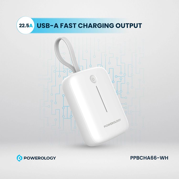 Powerology 10000mAh Power Bank with Detachable USB-C Wire, 20W Power Delivery, 3-Device Charging, Long Time Standby, Universal Phone Compatibility, Built-in Safeguards - White