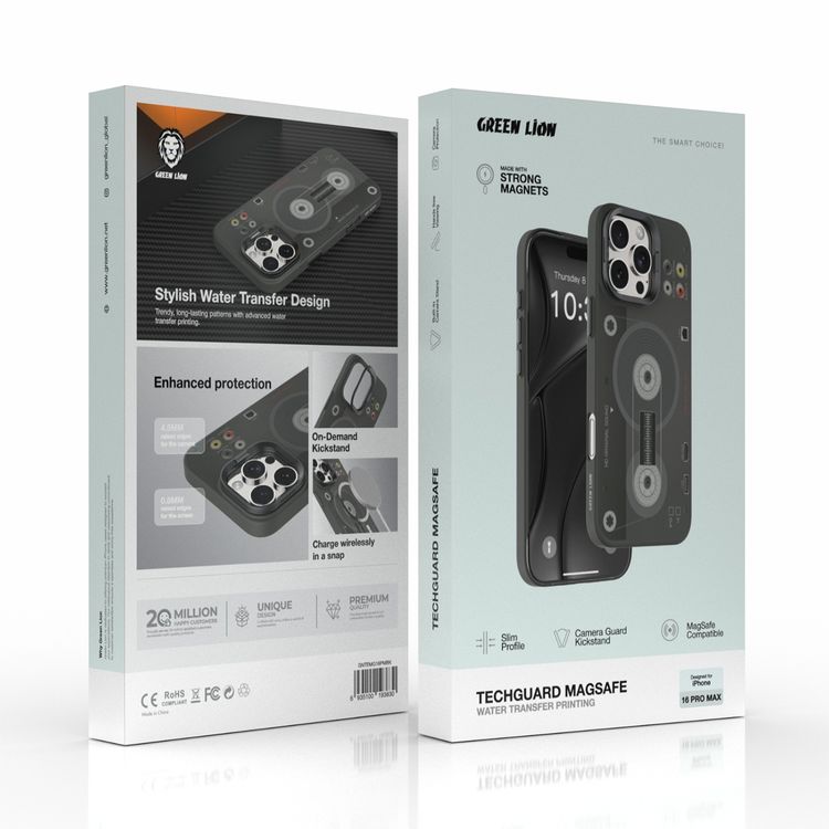 Green Lion Techguard MagSafe Case for iPhone 16 Pro Max, Slim Profile, Camera Guard Kickstand, Hands Free Viewing, Raised Edges, Camera Protection - Black