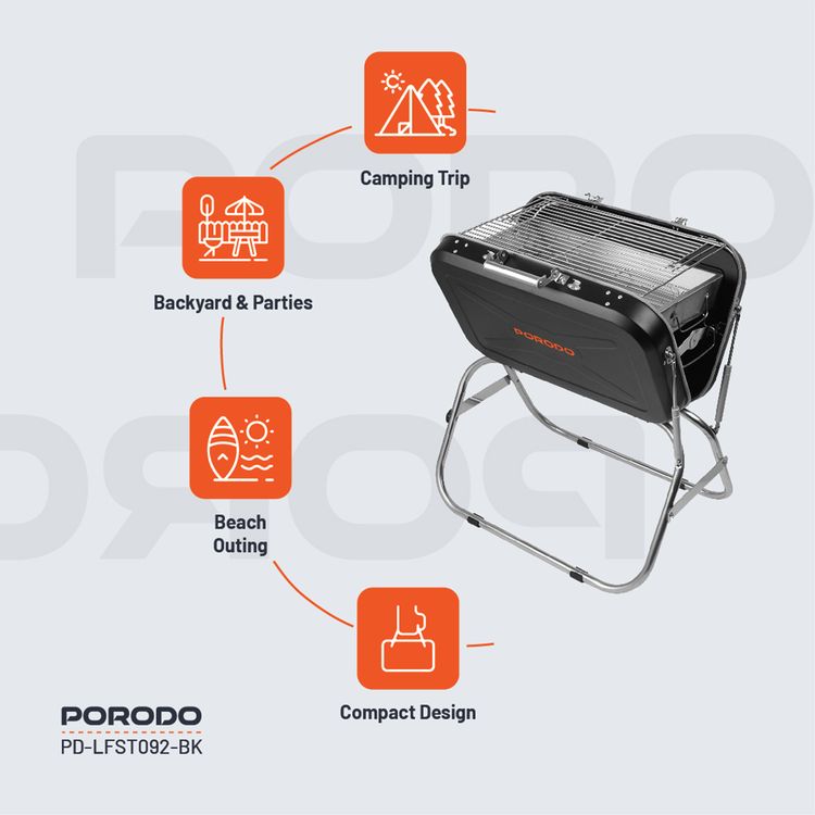 Porodo Lifestyle Portable Folding BBQ Grill with Steel Cooking Mesh, 17-inch Grilling Area, Camping Trip, Backyard Parties & Beach Outings, Easy to Clean, Quick Setup - Black