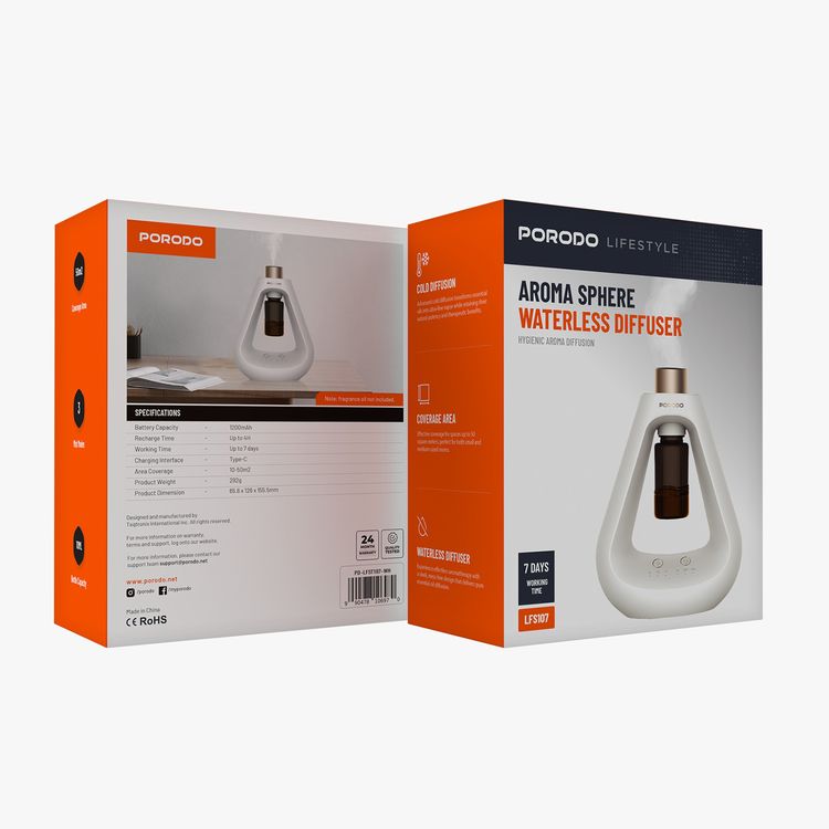 Porodo Lifestyle Aroma Sphere Waterless Diffuser, 10-50 m2 Coverage, 1200mAh Battery,  Up to 7 Days Working Time, Cold Diffusion, 3 Mist Modes - White