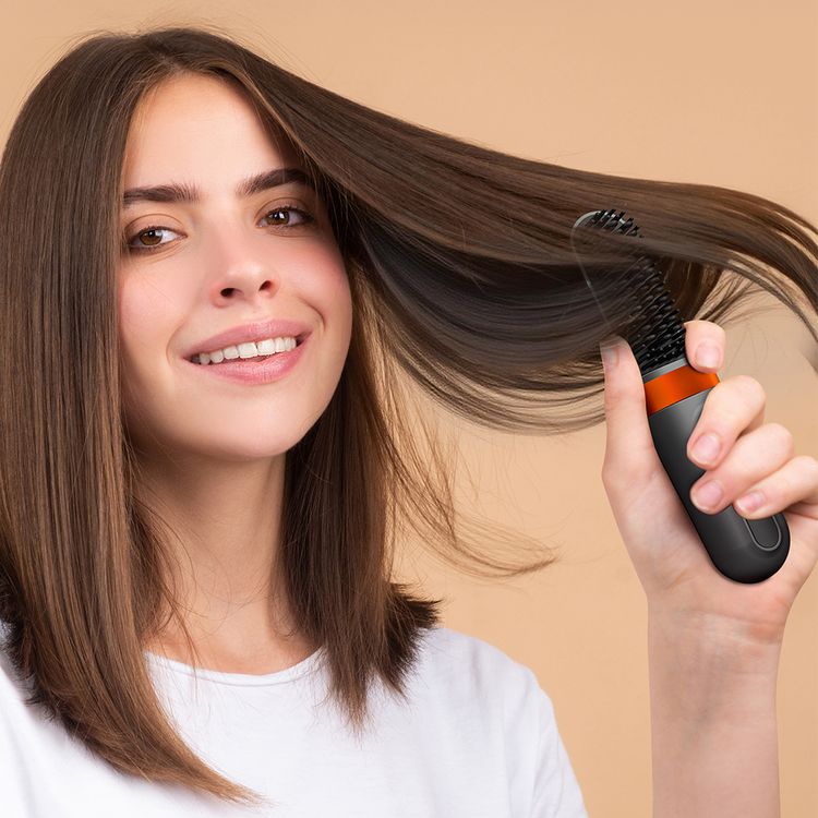 Porodo Lifestyle Portable Heated Styling Brush with PTC and Ceramic Heating Plate, 3 Temperature Settings, Type-C Charging Port, 4000mAh Battery Capacity, 1 Hour Working Time, Portable Design - Black 