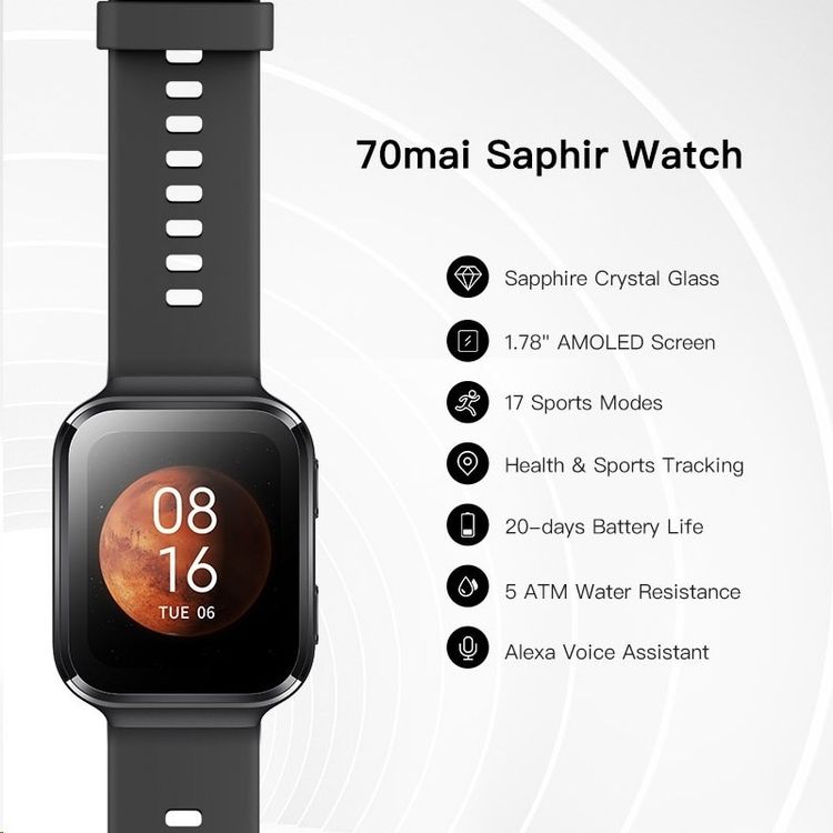 Xiaomi 70Mai Saphir Watch, Sapphire Glass Covering, 1.78'' AMOLED Screen, 10+ Days Battery Life, Health & Fitness Tracking - Silver