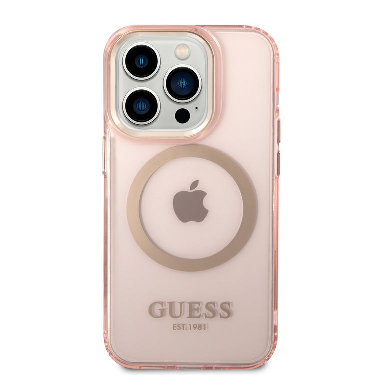 Guess Magsafe Case With Translucent Gold Outline - iPhone 14 Pro Max - Pink