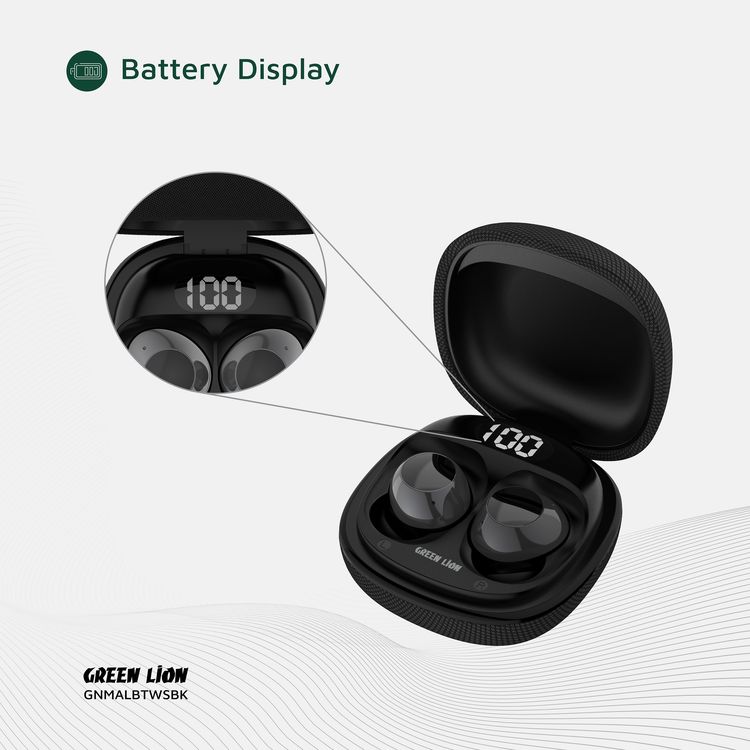 سماعات الأذن اللاسلكية الحقيقية جرين ليون مالبون مع ENC، ميكروفونات مزدوجة، منفذ شحن Type-C، إصدار بلوتوث 5.4. مدى بلوتوث 10 متر، بطارية حقيبة بسعة 300 مللي أمبير، وقت شحن ساعتين، وقت استعداد 21 ساعة، عرض حالة البطارية - باللون الأسود.