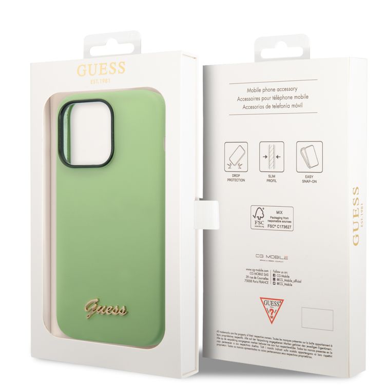 Guess Liquid Silicone Case With PC Camera Outline & Script Metal Logo - iPhone 14 Pro Max - Green