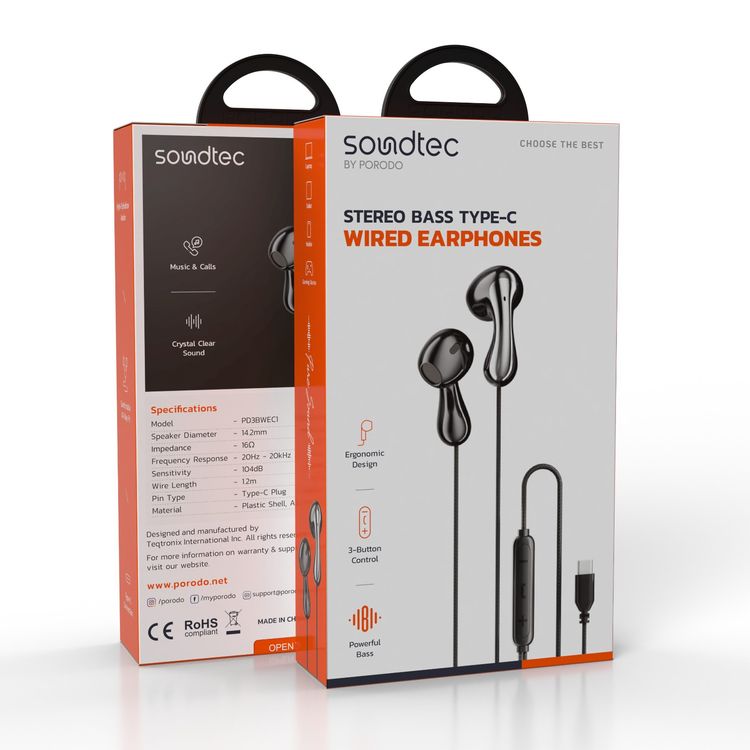 سماعات أذن سلكية ستيريو باس من بورودو ساوندتيك مع هيكل بلاستيكي ومادة سلك ABS وTPE، بطول سلك 1.2 متر، اتصال من النوع C، صوت نقي للغاية، تصميم مريح - أسود
