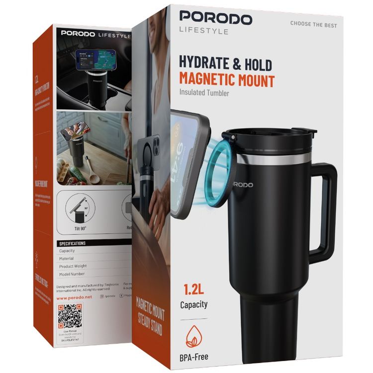 Porodo Lifestyle Magnetic-Mount Insulated Tumbler with 1.2L Capacity, MagSafe Compatibility, Stainless Steel Material, 90° Tilt Angle, Effortless Multitasking, 360° Rotation - Black