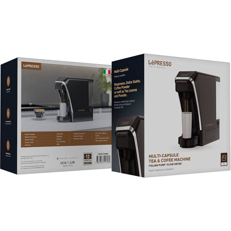 LePresso Multifunctional Coffee Machine with Italian Pump, Patented Design, Tea Leaves Brewer, 20 Bar Pump, 1400W Power - Black