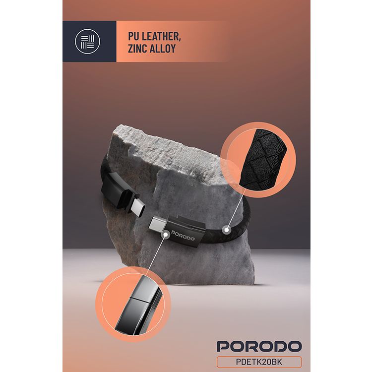 Porodo USB-C to USB-C Wristband Cable with Magnetic Steel Clasp, 60W Power Delivery, 480Mbps Data Transfer Speed, Wearable Design, 20cm Cable Length, PU Leather & Zinc Alloy Material - Black