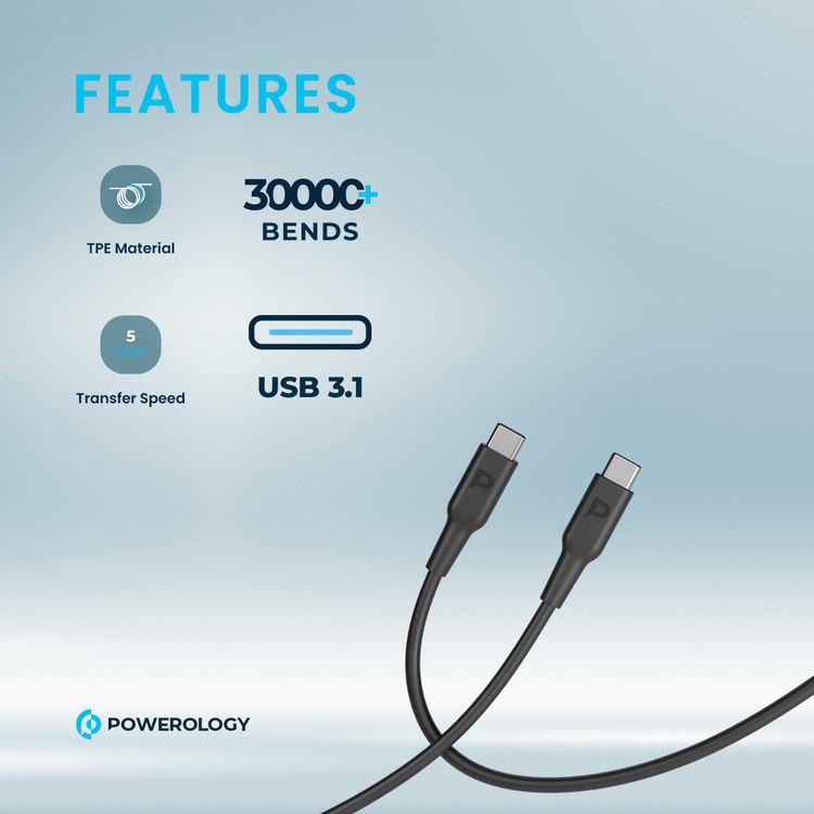 Powerology Type-C to Type-C Connector Cable PD 100W, Fast Data Sync & Charging, Universal Compatibility, 1.2m in Length, Overheat & Overcurrent Protection - Black