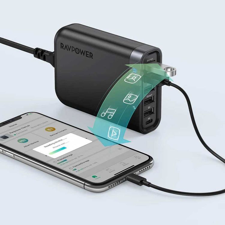 RAVPower 6-Port USB Charger Filehub 60W QC 3.0 with USB-C 24W PD Fast Charging - Backup Function - iSmart Port - USB Charging Station Filehub Compatible for Phone & Tablet - Black