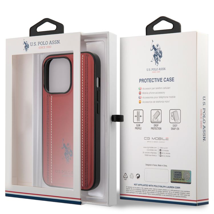 USPA PU Leather Case with Stitched Lines Double Line & Horse Logo iPhone 14 Pro Compatibility - Red