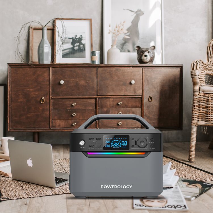 Powerology 600W Power Generator with Dual AC Sockets, USB-C, Dual USB-A & Wireless Outputs, Built-in Flashlight, 120000mAh Battery Capacity, Solar Charging Capability, Portable Design - Black