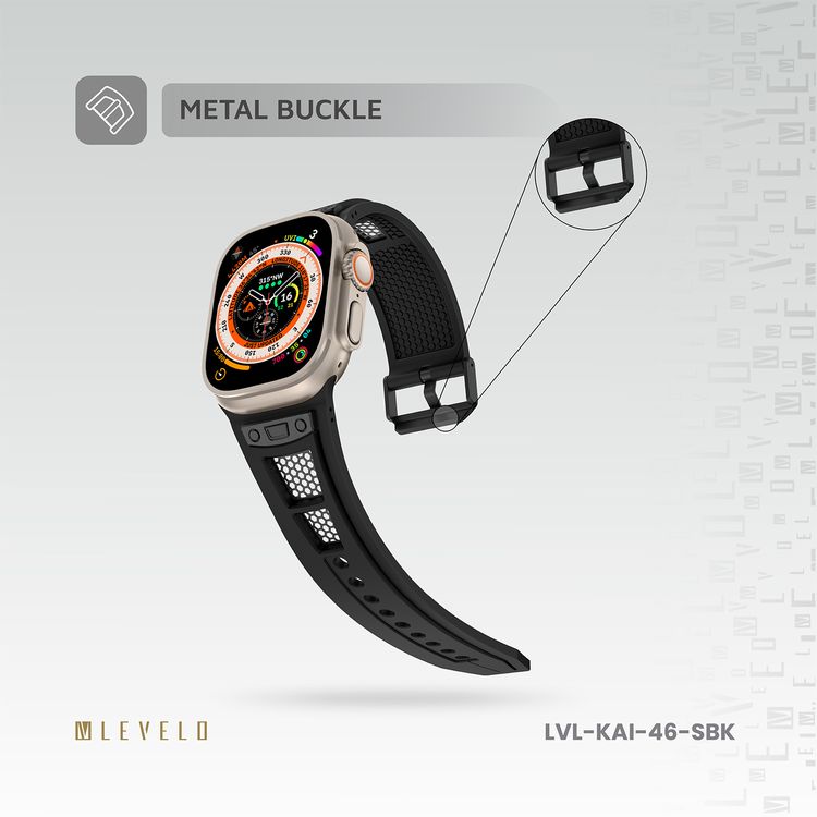Levelo Kai Watch Strap, Apple Watch SE 9/8/7/6/5 (46/49mm), TPU + Metal Buckle, Hypoallergenic, 24/7 Wearability - Stealth Black