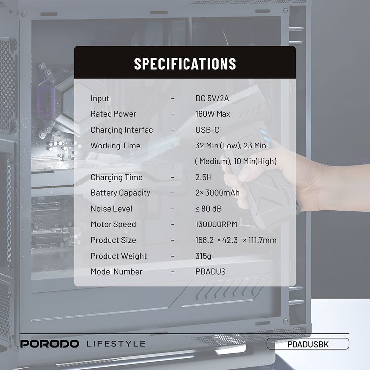 Porodo Lifestyle Turboblast Portable Air Blower with Air Nozzle Attachment, Up to 32 Minutes Working Time, 3 Adjustable Speed Levels, 160W Output Power, Low-Noise Operation, 130000RPM Motor Speed, USB-C Charging Port - Black