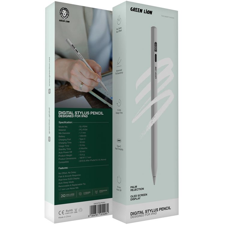 Green Lion Digital Stylus Pencil with Up to 15 Hours Working Time, Removeable & Replaceable Tip, 1.7mm Nib Diameter, OLED Screen Display, Auto-Sleep Mode, Palm Rejection - White
