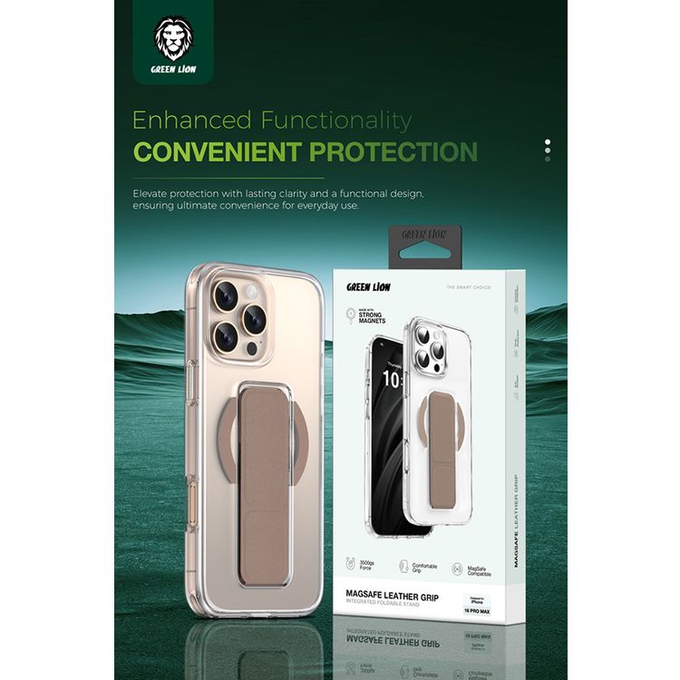 حامل جلدي Green Lion MagSafe لهاتف iPhone 16 Pro Max، شفاف للغاية، حامل قابل للطي، مغناطيس قوي - بني
