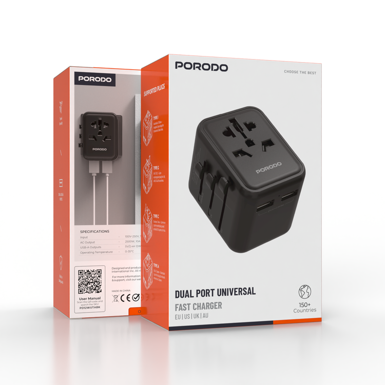 محول سفر عالمي Porodo Dual USB-A بقوة 2.4 أمبير، خفيف الوزن وقابل للحمل، سهل السفر، شحن سريع