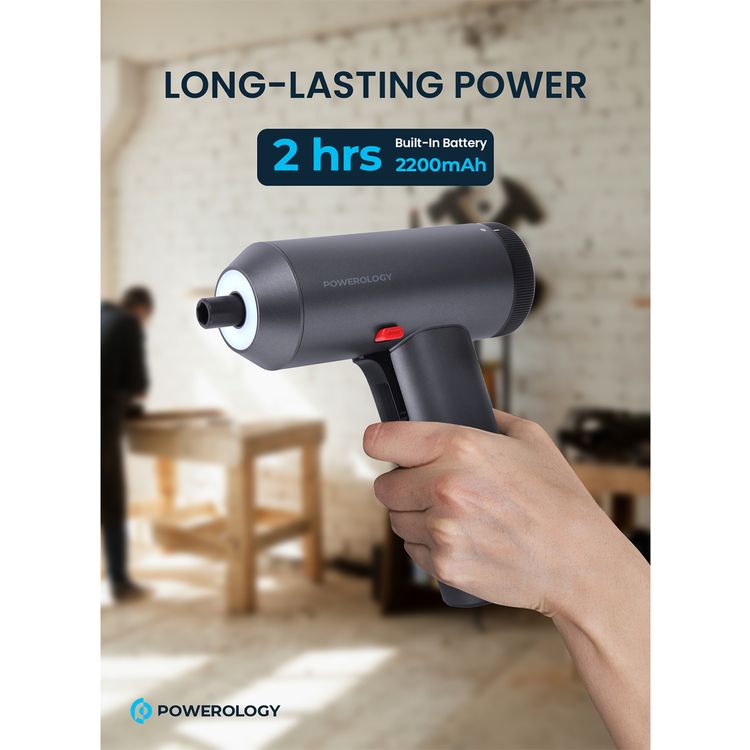 Powerology 30 Bits Electric Screwdriver Gun, 2200mAh, 6 Speed Levels, 220RPM, Charging Port, 2 Hours Working Time, 4 Grid Power Indicator - Space Gray 