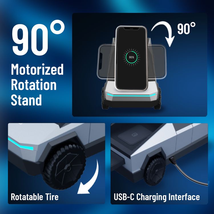 Porodo Cyber Dock 3-in-1 Wireless Charger with 15W Wireless Charging, 5W Earbuds Output, 2.5W Watch Output, 3-6mm Charging Distance, USB-C Charging Interface, 90°Motorized Rotation Stand - Gray