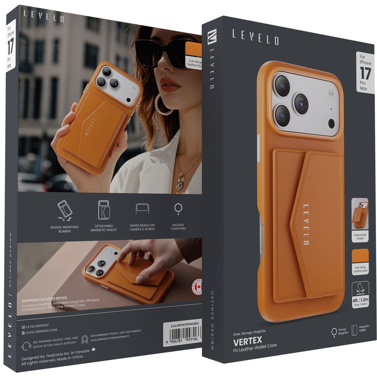 Levelo Vertex PU Leather Wallet Case for iPhone 17 Pro Max, Shock-Resistant Bumper, Raised Bezels for Camera & Screen, MagSafe Compatible, Drop-Tested, Full-Wrap Leather Build, Detachable Magnetic Wallet - Orange