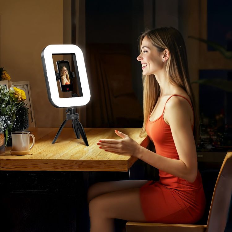 Porodo Handheld Ring Grip with Desktop Support & Phone Clamp, 1 Hour Working Time, 1500mAh Battery, 20W Rated Power, Bluetooth Controller, Camera & Phone Vlogging Light - Black