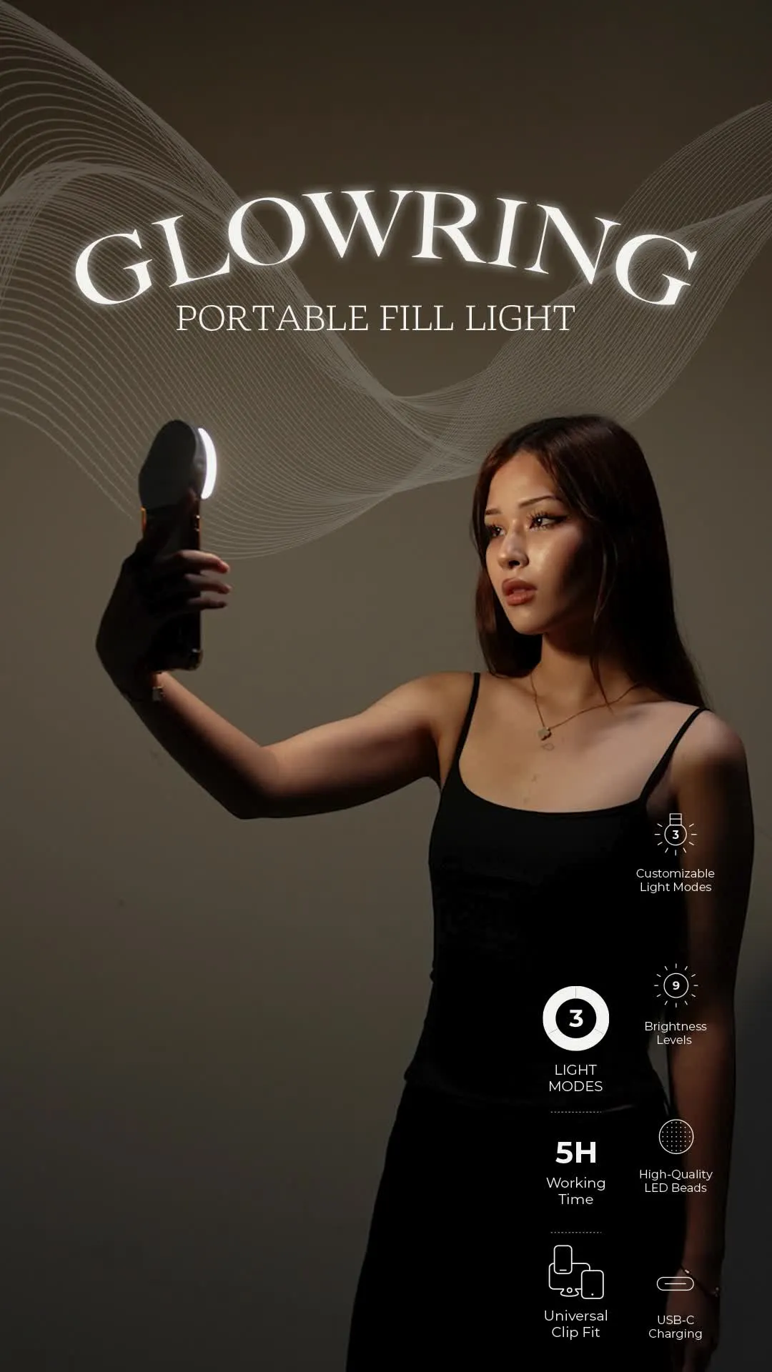 Porodo Glowring Portable Fill Light with Clip-On Design, 3 Customizable Light Modes, 9 Brightness Levels, High-Quality LED Beads, Universal Clip Fit, USB-C Charging - White