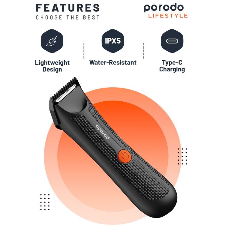 Porodo Lifestyle Sensitive Parts Hair Trimmer, 3.7V 600mAh Battery Capacity, 80 Minutes Working Time, 90 Minutes Charging Time, Ergonomic no-Slip Handle, IPX5 Water-Resistant - Black