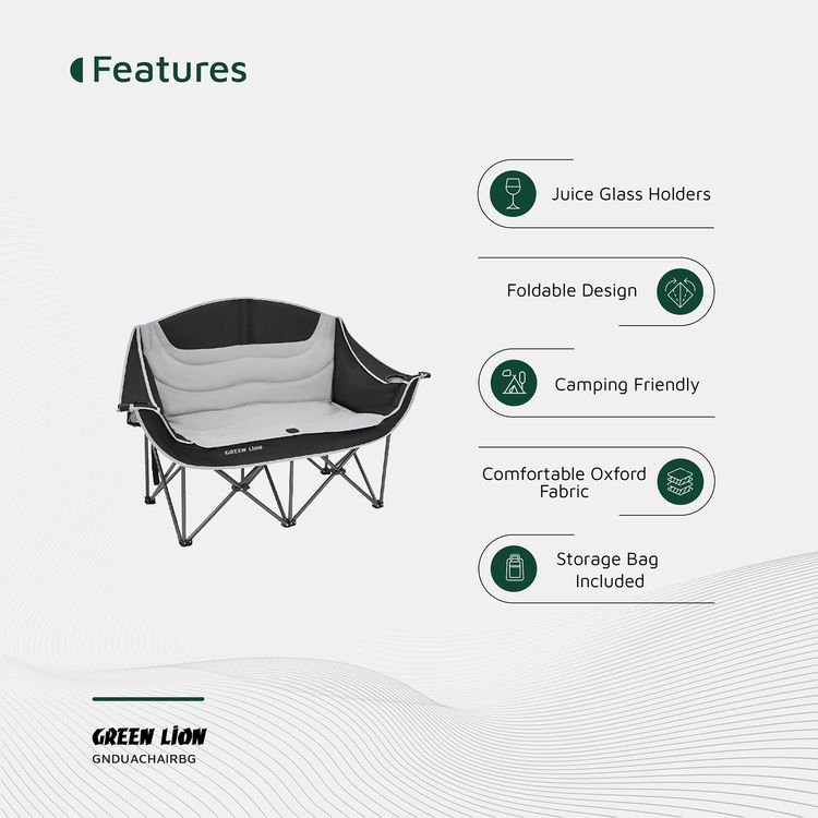 Green Lion Double Camping Chair, 600D Oxford Fabric + Steel Pipe Material, Camping Friendly, Safety Lock, Foldable Design, Easy Setup, Juice Glass Holders  - Gray / Black