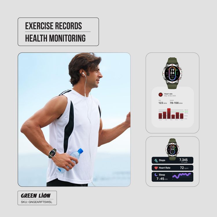 Green Lion Gear Fit Smart Watch with Dynamic Island, Health Monitoring, Bluetooth Calls, Magnetic Charging, Exercise Records, Music Player, 3-5 Days Usage Time - Silver