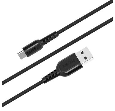 Porodo Metal Braided Type-C Cable 2.4 Meter - USB to Type C  | Charge and Sync Cable | Black