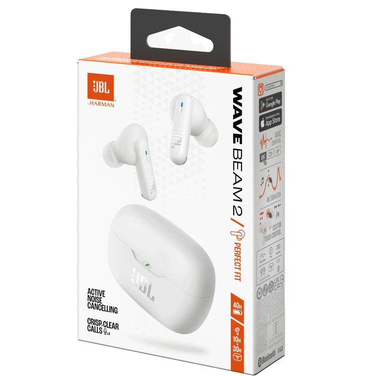 JBL Wave Beam2 True Wireless Earbuds with ANC & Smart Ambient, Water & Dust Resistant, Seamless Bluetooth Pairing, Speed Charging, 40 Hours Battery Life, 4 Microphones, JBL Pure Bass Sound - White