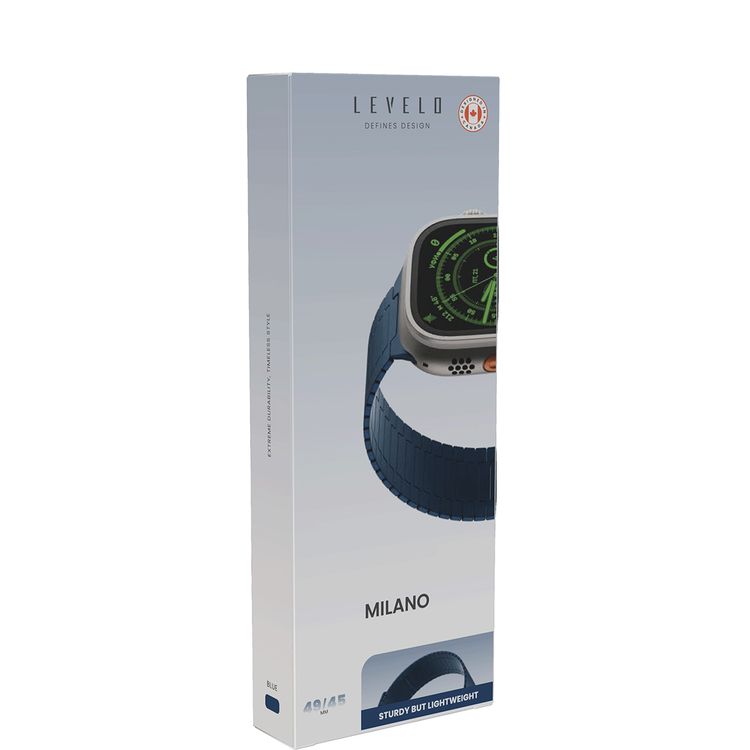حزام ساعة ليفيلو ميلانو لساعة ابل 49/45 ملم، خفيف الوزن ومتين للغاية، وصلات قابلة للتعديل، مادة لا تسبب الحساسية، تكنولوجيا مضادة للأكسدة - أزرق