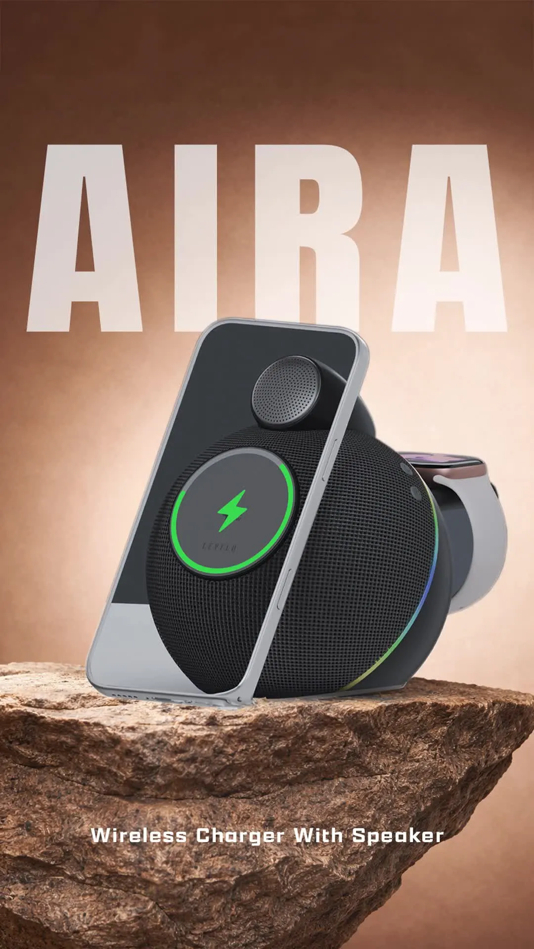 Levelo Aira 2-in-1 Wireless Charger with Built-in 10W Speaker - Black | UAE (LVLAIRAWCBK)