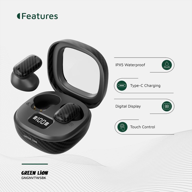 Green Lion Geneva True Wireless Earbuds with Dual Microphones, Up to 4 Hours Play Time, Bluetooth Version 5.4, 10m Transmission Range, USB-C Charging Port, Voice Assistant, Digital Display & Touch Controls, Up to 180 Days Standby Time - Black
