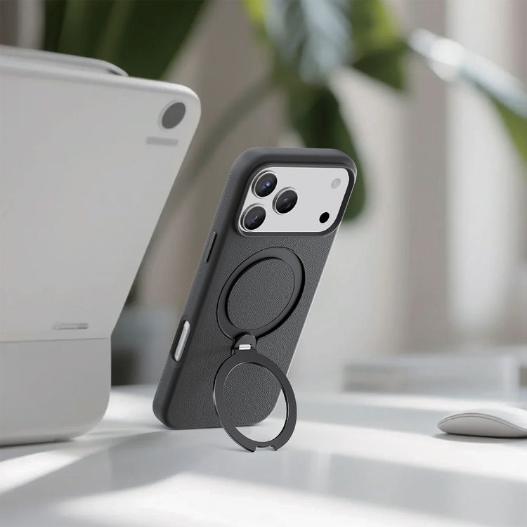 Green Lion Minster Leather MagSafe Case with Foldable Stand Design for iPhone 17 Pro, Anti-Fingerprint, 360° Rotatable Stand, Anti-Scratch, Camera Protection, Comfortable Grip - Black