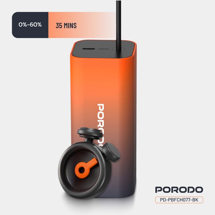 Porodo PB077 20000mAh Power Bank with  Integrated Type-C Cable, PD 20W, Type-C Ports, Portable Design, Fast Charge Support - Black
