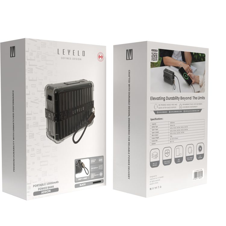 Levelo Aerion Portable 10000mAh Power Bank with Luggage Design, LED Display, Over Current Protection, Lithium-ion Battery, Grip Cable, Fast Charging Support - Black