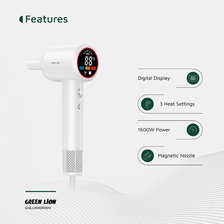 Green Lion LUXAIR Hair Dryer with 1600W Rated Power, 3 Heat Settings, Magnetic Nozzle, Digital Display, Thermostat Control, 2 Wind Speeds - White 