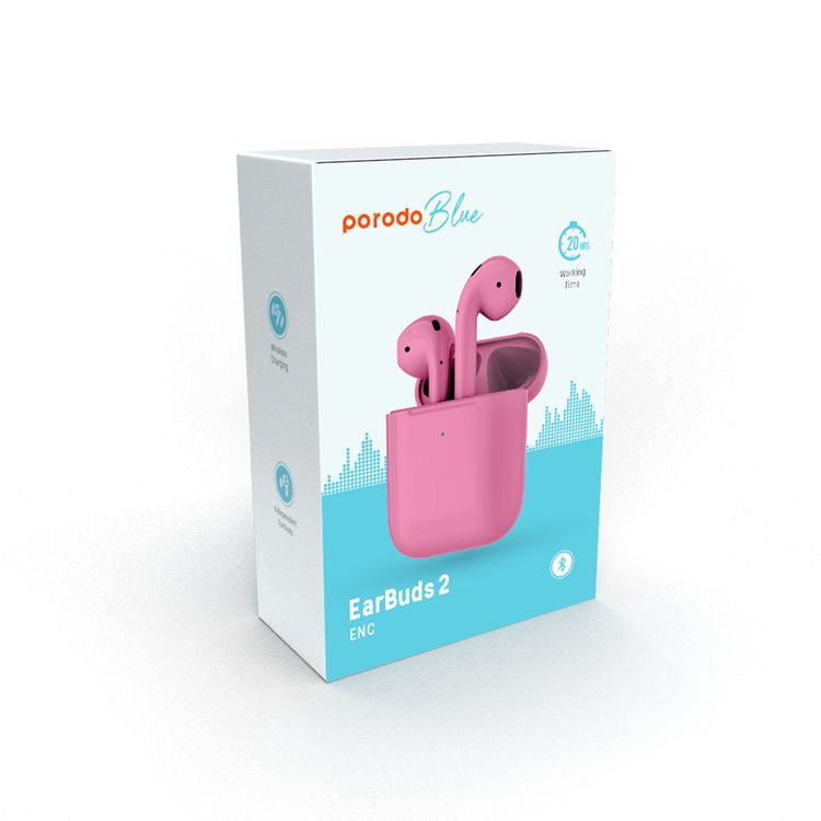 Porodo Blue Deep Bass Wireless Earbuds 2, One-Step Pairing, Comfortable Fit, Independent Earbuds, Touch Control, Deep Bass - Pink