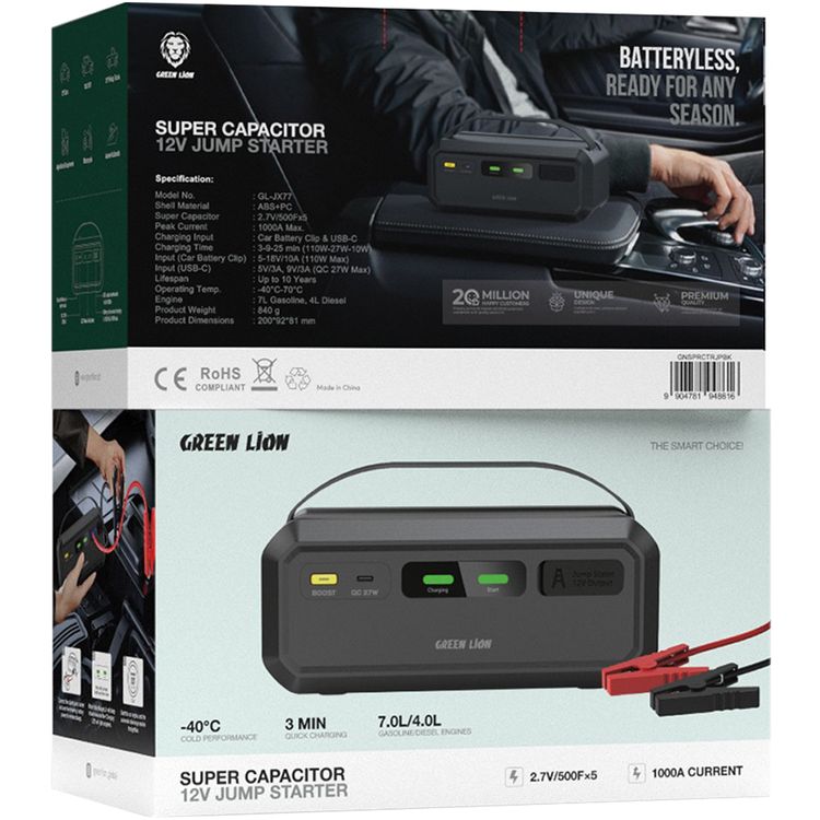 Green Lion Super Capacitor 12V Jump Starter with Up to 10 Years Lifespan, Up to 3 Minutes Charging Time, ABS & PC Shell Material, 1000A Max Peak Current, Car Battery Clip & USB-C Charging Input, Up to 4.0L Diesel Engines, Up to 7.0L Gasoline Engines, LED Status Indicators - Black