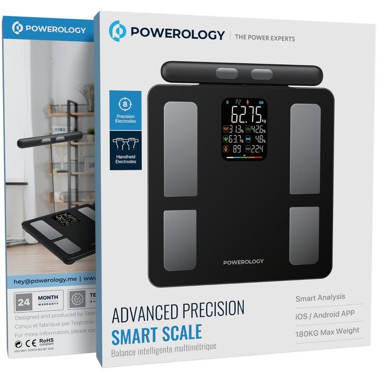 Powerology Advanced Precision Smart Scale with Body Fat & Body Muscle Measurements, Handheld Electrodes, 180kg Maximum Weight Capacity - Black