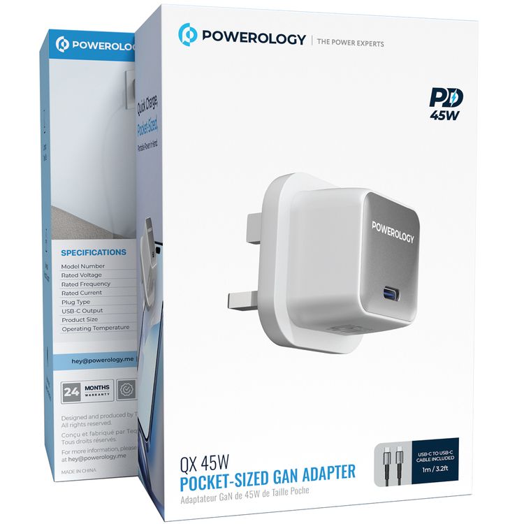Powerology QX 45W Pocket-Sized GaN Adapter with Safety Protections, 1m USB-C to USB-C Cable Included, USB-C Port, Ultra-Compact Design, UK 3-Pin Plug, PD 45W - White / Silver