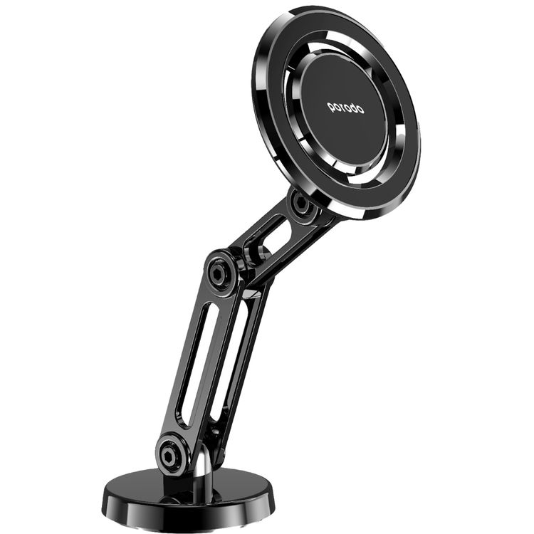 Porodo Zinc Alloy Phone Mount Multi-Joint & 360° Rotating Base, x42 Embedded N52 Magnets, Folding Design, One Hand Operation, 4500Gauss Magnetic Force - Black