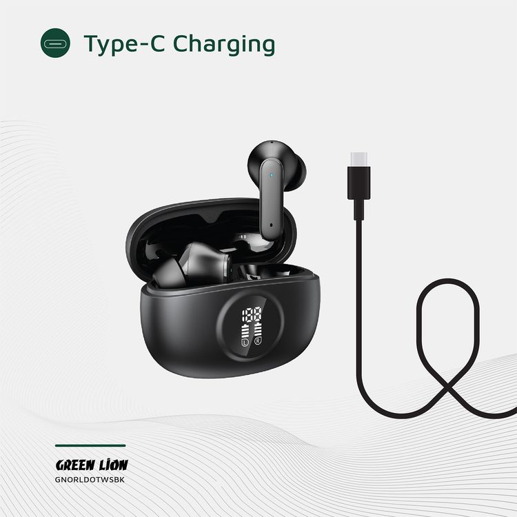 سماعات أذن لاسلكية حقيقية من جرين ليون أورلاندو مع شاشة رقمية، صوت هاي فاي، ميكروفون مدمج، مساعد صوتي، 4.5 ساعات من التشغيل، شحن بواسطة Type-C.