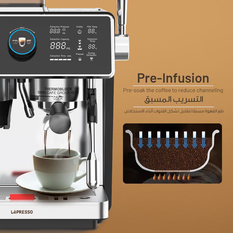 LePresso Viventé Semi-Automatic Dual Boiler Coffee Machine with Touch Display, Conical Burr Grinder, 20bar ULKA Pump, 3000W Rated Power, Dual Pump, 30 Adjustable Grinding Settings, 58mm Portafilter - Silver